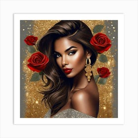 Woman With Red Roses Art Print