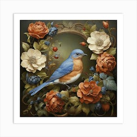 Bluebird With Roses Art Print