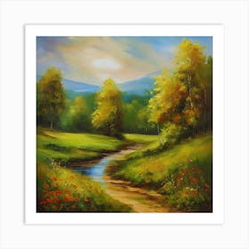 Landscape With Red Poppies.Canada's forests. Dirt path. Spring flowers. Forest trees. Artwork. Oil on canvas. Art Print