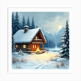 Cozy Winter Lodge In Watercolor, With A Roaring Fire And Snow Covered Landscape Art Print