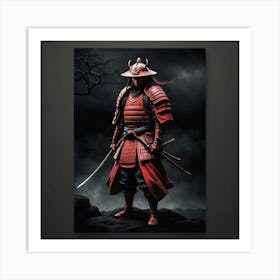 Lonely Japanese Red Samurai Warrior Stand In Dark Art 0 Art Print