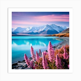 Lake Tekapo Colourful Shades Of Blush Pink Pale Blue And Mint Green Art Print