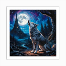 dog howling at the full moon Art Print