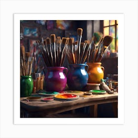 Blue, Pink and Yellow Paintbrush Pots Art Print