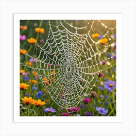 Spider Web In A Flower Field Art Print