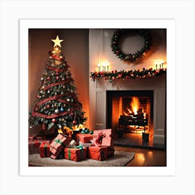 Christmas Tree In Front Of Fireplace 2 Art Print