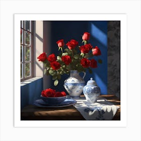 Still Life with Red Roses and Blue & White Porcelain Art Print