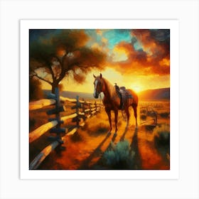 Western Horse At Sunset Art Print