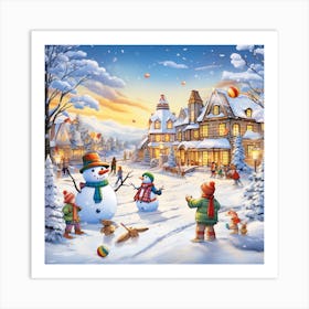 Snowman Village 2 Art Print