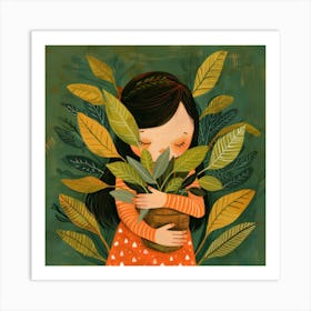 Little Girl Hugging Plants Art Print