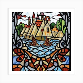 Image of medieval stained glass windows of a sunset at sea 1 Art Print