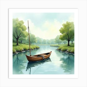 Quaint Fishing Boat On Watercolor Tranquil River 1 Art Print