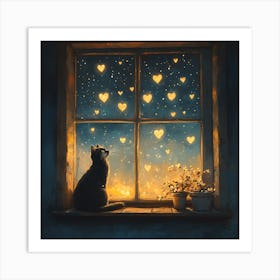 Dreamy Night Sky with Heart Stars Cat 2 Art Print