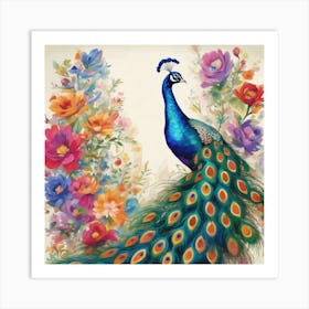 Peacock With Flowers Art Print