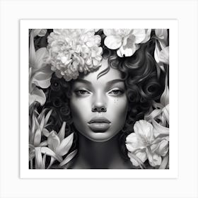 Black And White Portrait Of A Woman With Flowers Art Print