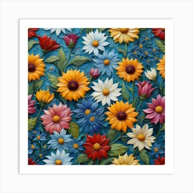 Flowers On A Blue Background 11 Art Print