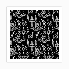 Seamless Pattern With Skulls And Candles on Black Art Print