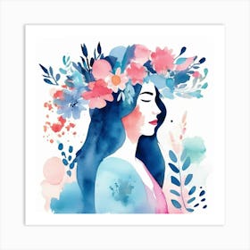 woman portrait with watercolour floral head crown  Art Print