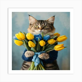 Cat Holding Tulips Art Print