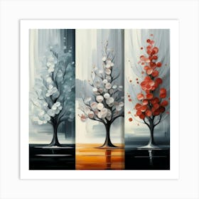 Three different paintings each containing cherry trees in winter, spring and fall 5 Art Print