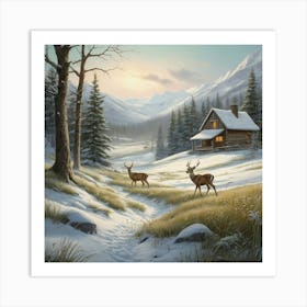 Deer In The Snow 28 Art Print