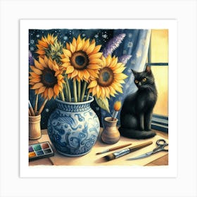 Sunflowers watercolor pestel painting Vase With Three Sunflowers With A Black Cat, Van Gogh Inspired Art Print Art Print