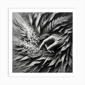 Abstract, Black And White, Nature’s Touch: Hand Among Leaves Art Print