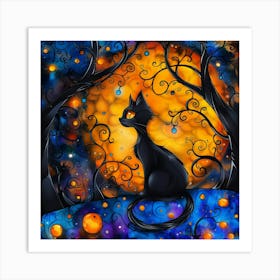 Black Cat In The Moonlight Art Print