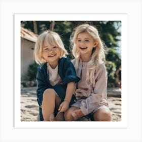 Two Little Girls On The Beach Art Print