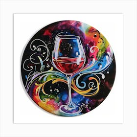 Vibrant Watercolor Red Wine Glass On colorful Round Splash Art Print