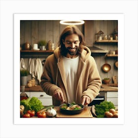 Jesus cooking a meal in a cozy modern kitchen 5 Art Print