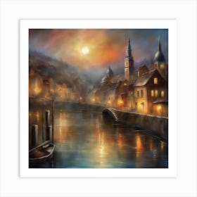 At night, fantastic and mystical old town by the lake by realfnx Art Print