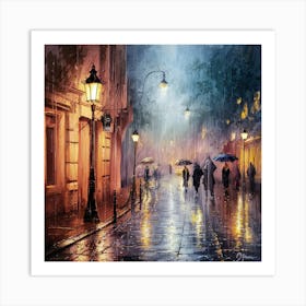 Twilight Rain Ethereal Watercolor Painting Of A Cobblestone Street At Night (2) Art Print