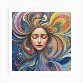 Dreamy Bliss: Vibrant Portrait of a Smiling Woman in a Kaleidoscope of Colors. Art Print