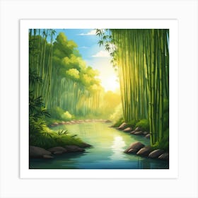 A Stream In A Bamboo Forest At Sun Rise Square Composition 129 Art Print