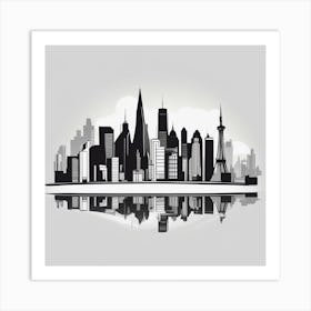 A Minimalist Black And White Illustration Of City Skyline, Capturing Iconic Landmarks, Suitable For (1) Art Print