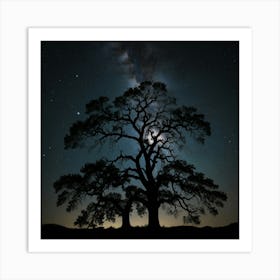 Silhouette Of Oak Trees At Night Art Print