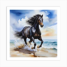 Black Horse On The Beach Art Print