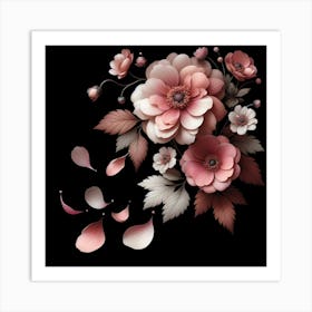 Pink Flowers On A Black Background Art Print