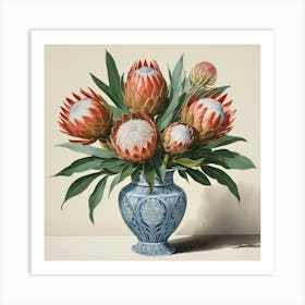 Proteas In A Blue And White Vase Art Print