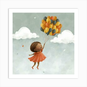 Little Girl Flying With Balloons Art Print