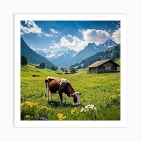 Alpine Meadow With A Cow Grazing Spring Setting Blossoming Flowers Dotting The Lush Grass Warm Su (4) Art Print