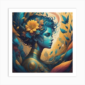 Woman With Blue Hair And Flowers Art Print