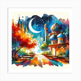 Watercolor Of Mosque At Night Art Print