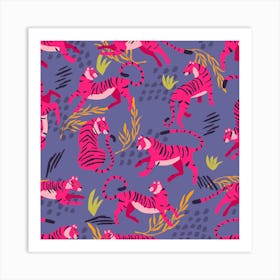 Vibrant Pink Tiger Pattern On Purple With Colorful Florals Square Art Print