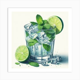 Cocktail Art: A Contemporary and Impressionistic Painting of a Cocktail Glass with Ice Cubes, Mint Leaves, and a Slice of Lime Art Print