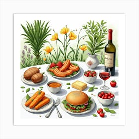 English Garden Party With Romanian Culinary Specialties, Painted In Watercolor 1 Art Print