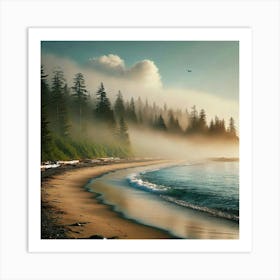 A Serene Beach With Mist On The Shoreline And Forest AI Art Print