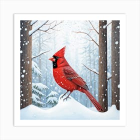 A Vibrant Red Cardinal Bravely Standing Against A Serene Winter Day As Fresh Snowflakes Blanket Th Art Print