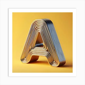 3d Typography Of The Letter A, On A Yellow Background, Chrome Shiny Texture, Ridges, Minimal (1) Art Print